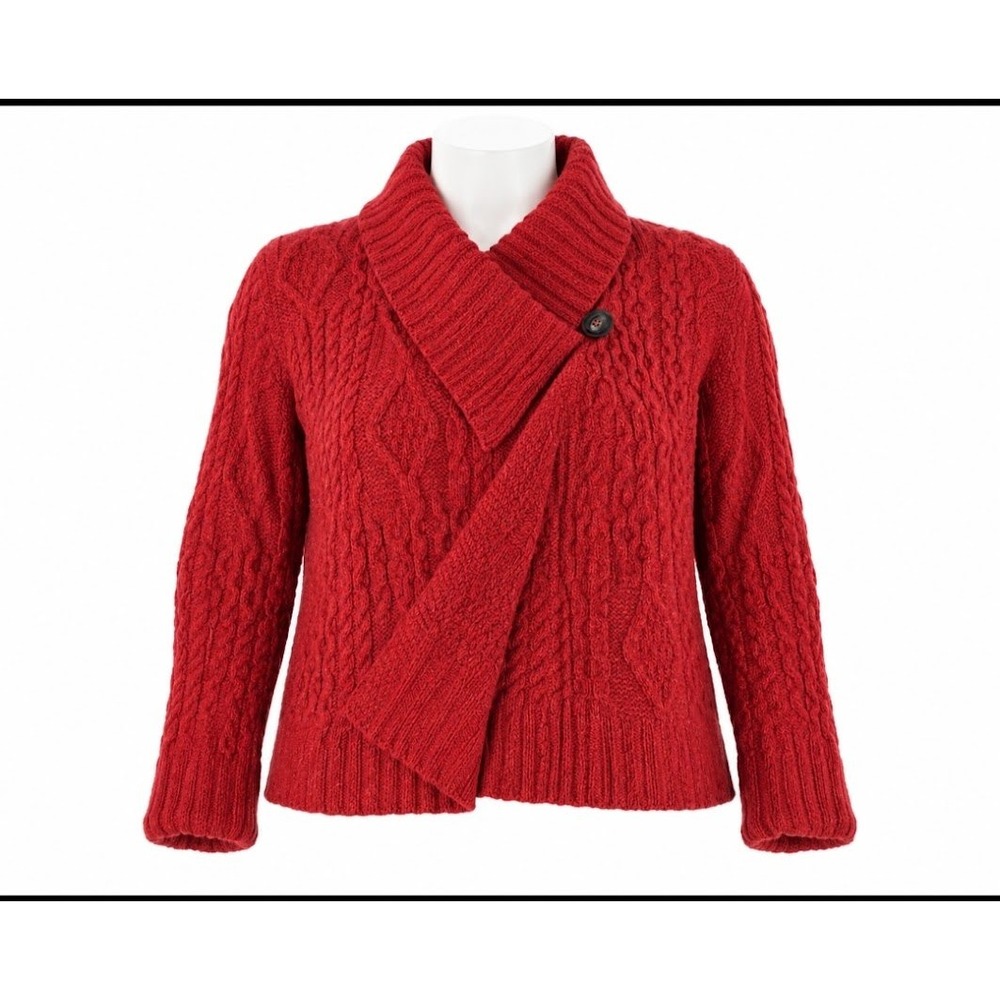 The Irish Store Red MerinoWool Cable Knit Shawl Collar Cardigan Sweater Womens M